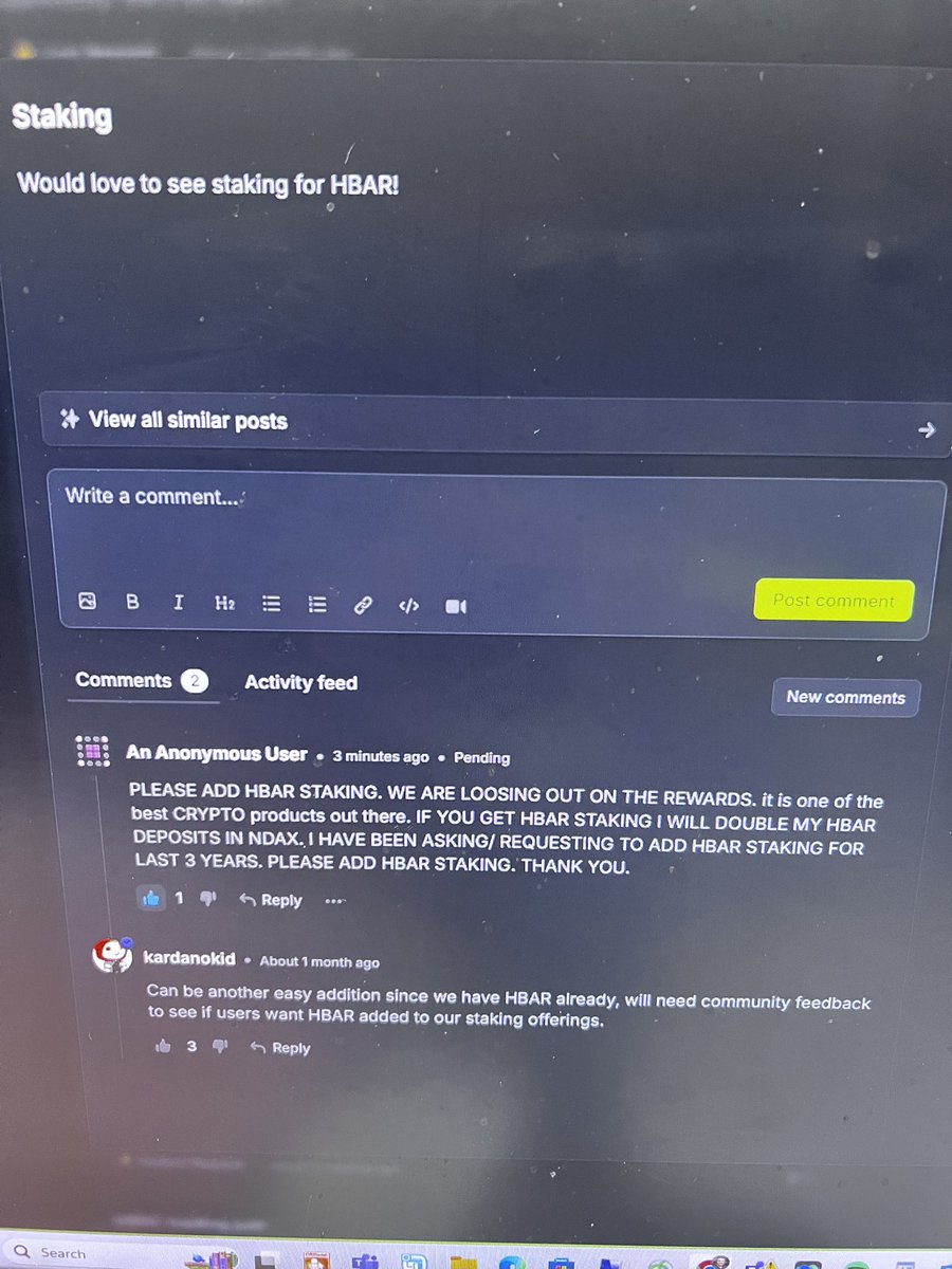 Requesting <a href="/ndaxio/">Ndax</a> community to log into feedback.ndax.io and vote on the thread requesting <a href="/ndaxio/">Ndax</a> to add Hbar staking . Only 4 votes till now . We need more votes on the feedback forum . Everyone vote on this thread <a href="/ndaxio/">Ndax</a> community . HBAR STAKING !!!! 🙏