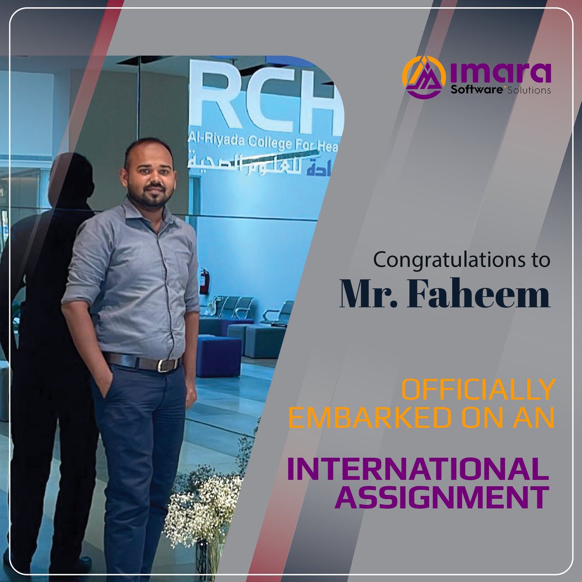 Congratulations to Mr. Faheem We are thrilled to announce that Mr. Faheem from our team at IMARA has officially embarked on an international assignment He will be leading the coordination of back-office operations and implementing our cutting-edge ERP solutions across RCHS in KSA