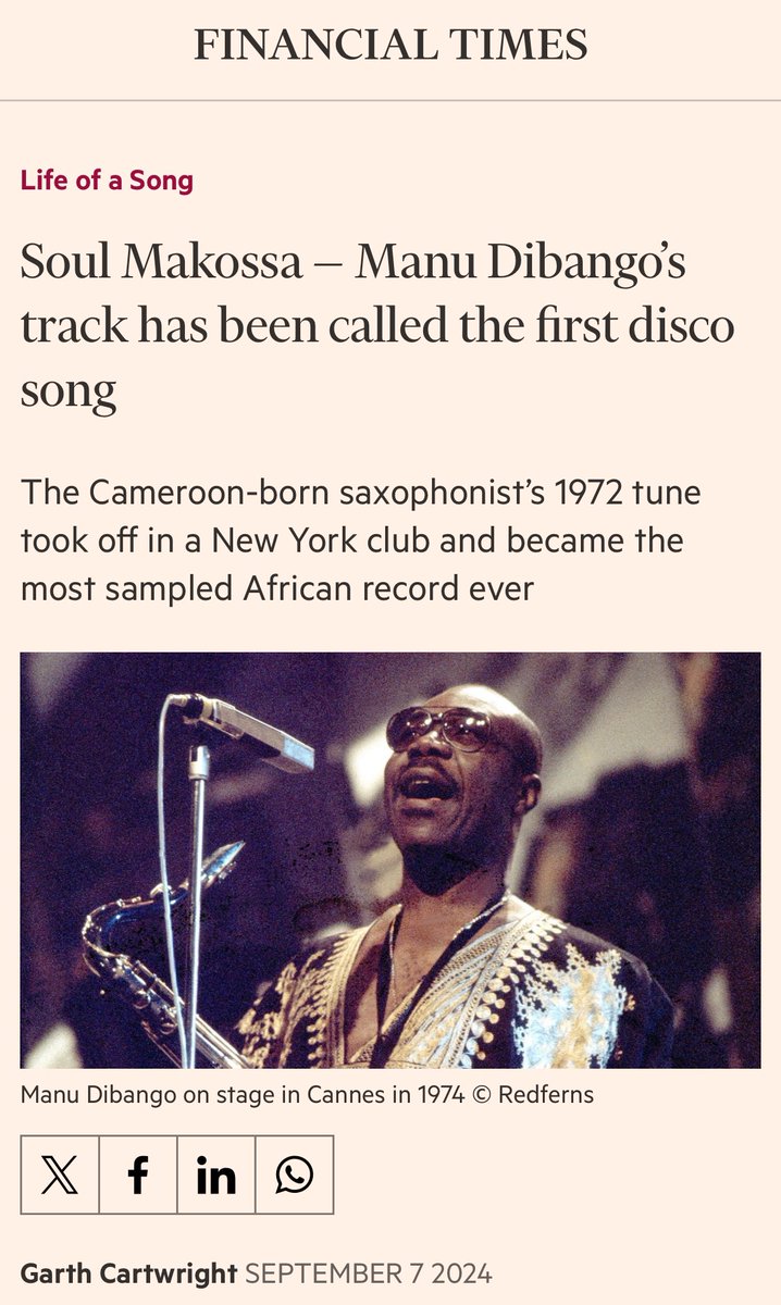 « Soul Makossa » de Manu Dibango est le disque africain le plus samplé jamais réalisé. 

#Cameroon 🇨🇲 <a href="/Thierry_Ngogang/">Thierry N. NGOGANG</a>