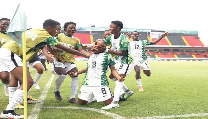 voiceofnigeria's tweet image. The Falconets have secured a spot in the Round of 16 at the FIFA U20 Women’s World Cup with a dominant 4-0 win over Venezuela. Goals from Amina Bello, Chiamaka Okwuchukwu, Flourish Sabastine and Joy Igbokwe sealed the victory. #Falconets #U20WWC #Nigeria #FIFA #Football