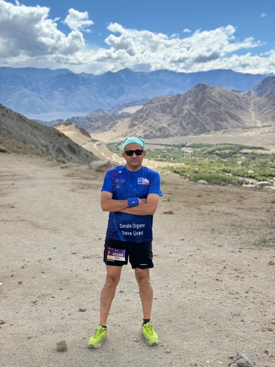 drvivekkute's tweet photo. "JUST FINISHED! Completed the world's highest &amp; toughest #LadakhMarathon in 6 hours! Running at 11,155 feet was a challenge,but the breathtaking views made it an unforgettable experience! Feeling TRIUMPHANT &amp; PROUD       #marathon #Ladakh #runninghigh ⁦⁦@foreseesaurabh⁩ https://t.co/C5V1wZp2bj