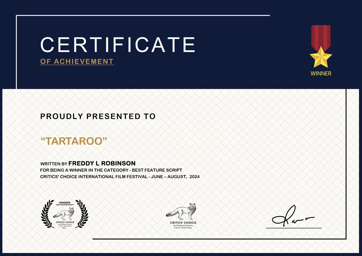 FreddyLRobinso7's tweet image. Many thanks to the Critics Choice International Film Festival for recognizing my work. 🙏🏾
#filmfreeway #cciff #bestfeaturescript #awardwinner #Tartaroo #screenplay #screenwriter #freddylrobinson #criticschoiceinternationalfilmfestival #gratitude #Blessings