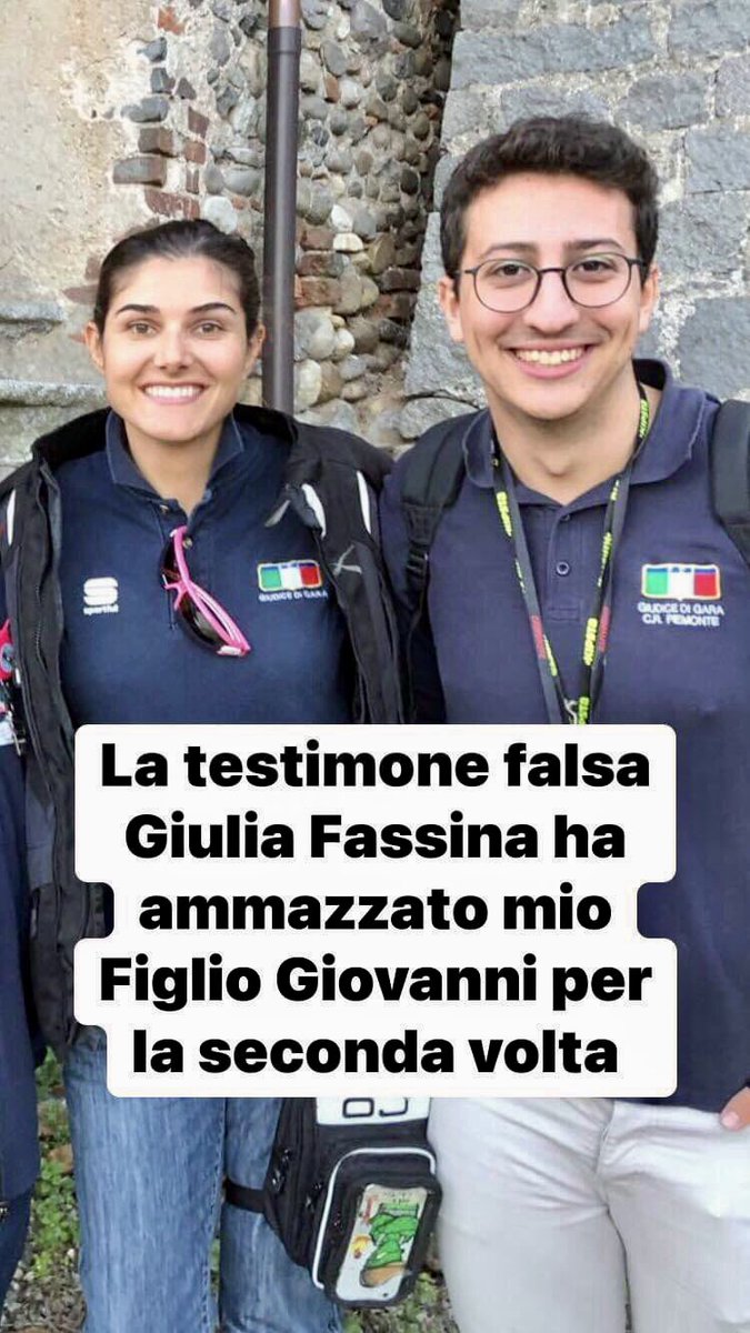 BabbodiGiovann1's tweet photo. #Sinner LA TESTIMONE FALSA GIULIA FASSINA HA AMMAZZATO MIO FIGLIO GIOVANNI PER LA SECONDA VOLTA. La giudice di gara della #Federciclismo, la testimone falsa #GiuliaFassina (nonché esponente apicale di Confagricoltura Piemonte, direttore del consorzio dei vini di Carema, Caluso, Canavese, Erbaluce) che nel video dell’evento mortale di mio Figlio Giovanni (che la #procuradellarepubblica di #Alessandria non ha mai voluto periziare, nonostante la disponibilità manifestata dal RIS dei Carabinieri e dalla Polizia Scientifica) si vede arrivare trasportata sulla motocicletta con il casco arancione in testa, dopo avere spudoratamente mentito quel giorno ai Carabinieri di Castelnuovo Scrivia si ripete, a distanza di un mese, in maniera ancora più orrenda, disumana ed agghiacciante, avanti alla procura federale della Federciclismo laddove falsamente dichiara che si trovava a 10/15 metri dal luogo dell’impatto, che aveva la visuale libera, che in mezzo al gruppo dei corridori guardava solamente mio Figlio Giovanni, che gli ha visto fare una manovra non consentita dal regolamento, ma che non lo ha sanzionato, non lo ha punito perché era MORTO ! Tuttavia la procura federale della Federciclismo, capeggiata dall’avvocato Nicola Capozzoli del foro di Roma (gli altri componenti sono l’avvocato Ida Blasi anche lei del foro di Roma e l’avvocato Giovanni Petrella del foro di Santa Maria Capua Vetere) che da subito va a braccetto con la procura della repubblica di Alessandria, ha insabbiato la vicenda relativa alla morte di mio Figlio Giovanni. E certi magistrati della procura della repubblica di Alessandria, nello specifico il pubblico ministero #AndreaTrucano (lo stesso che ha vergognosamente archiviato il procedimento penale per l’omicidio di mio Figlio Giovanni) ed il giudice per le indagini preliminari #AldoTirone, arrampicandosi sugli specchi, travisando la realtà ed alla chetichella, la ritengono una testimone credibile e le garantiscono l’impunita’. Ed infine la procura della repubblica di Alessandria, capeggiata da #EnricoCieri, nonostante i molteplici ed inequivocabili elementi, ricorrendo ad aberrazioni giuridiche fondate su menzogne, omettendo attività d’indagine ed altro, vuole archiviare la morte di un ragazzo innocente di 22 anni, dove sono coinvolti personaggi eccellenti, senza celebrare un giusto Processo per accertare la Verità ed assicurare davvero la Giustizia. #presidentedellarepubblica #sergiomattarella #ministrodellagiustizia #carlonordio #consigliosuperioredellamagistratura #procuradellarepubblica #procuragenerale #magistratura #magistrati #avvocatura #avvocati #verita #giustizia #veritaegiustiziapergiovanniiannelli