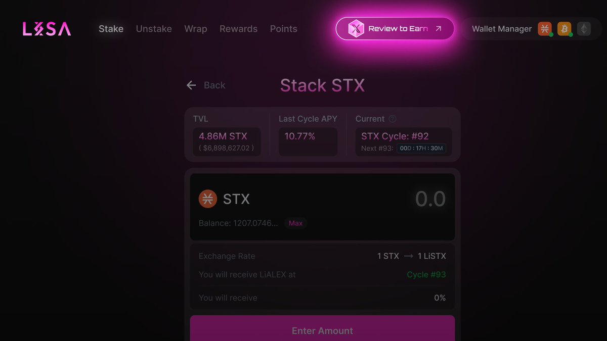 LisaLab_BTC's tweet photo. Introducing: Review-to-Earn 💸

Review to Earn is an easy way to win Rewards for using LISA by providing public feedback, thoughts, or even just by saying something nice about LISA on X—it must be non-biased and honest. 👏

The review can be positive🟢, neutral🟠, or even negative🔴.

Requirements: 

- You must be a LISA user 
- Actively holding any of these tokens ( $LiSTX / $LiALEX / $vLiSTX / $vLiALEX ) 

Click Review to Earn via LISA page here (Upper Right as shown below): https://t.co/seqfD4B2zT 

$STX