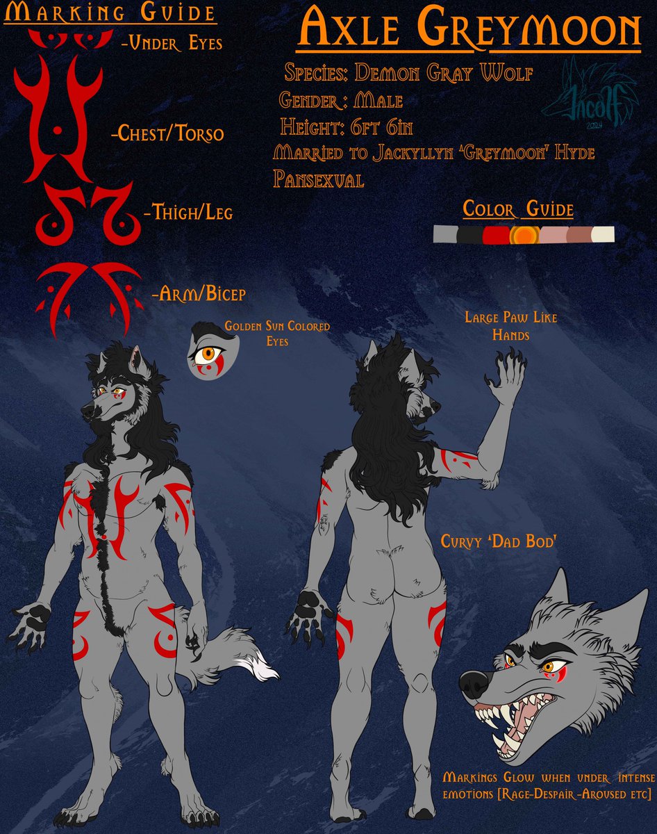 Jacolf's tweet photo. Ref sheet for my husband's sona Axle, he needed a new one showing off his fuzzy fluffy dad bod unfff 😍🥰 https://t.co/TB9OlwvSMU