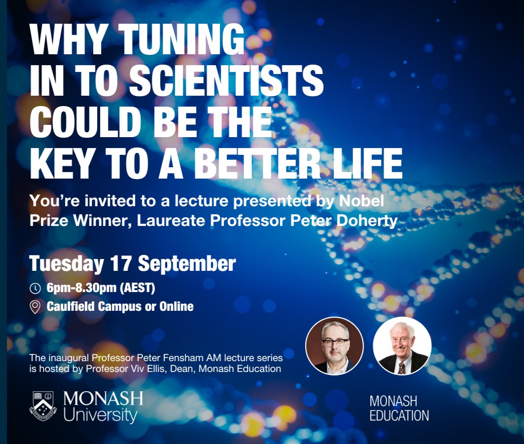 MonashEducation's tweet photo. Still time to register - THE CHALLENGE OF PUBLIC SCIENCE COMMUNICATION - our inaugural Lecture in the Professor Peter Fensham AM series. https://t.co/nAqTlyAsni https://t.co/GkT9gfkIrB