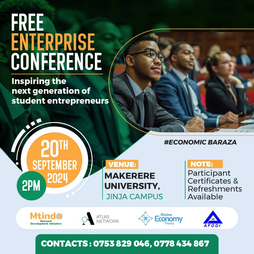 Mtindo_Network's tweet photo. The future belongs to innovators like you. 🌏 💡
In partnership with our friends, we are putting together the #FreeEnterpriseConference on September 20, 2024 at Makerere University, Jinja Campus, to learn,connect, &amp; inspire student champions of free- market. 
 #EconomicBaraza https://t.co/WV2aAd9RYe