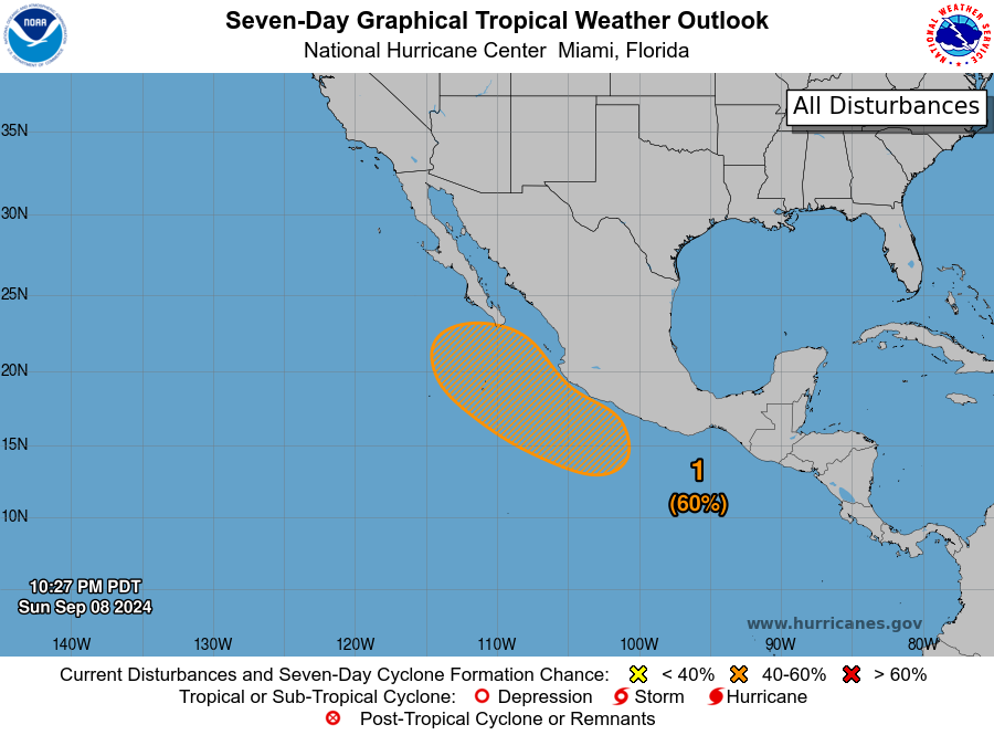 11PM PDT Sept 8:An area of low pressure is forecast to form during the middle part of the week, near or just to the south of the coast of southwestern Mexico. A tropical depression could form during the middle to latter part of this week Stay up to date at hurrricanes.gov
