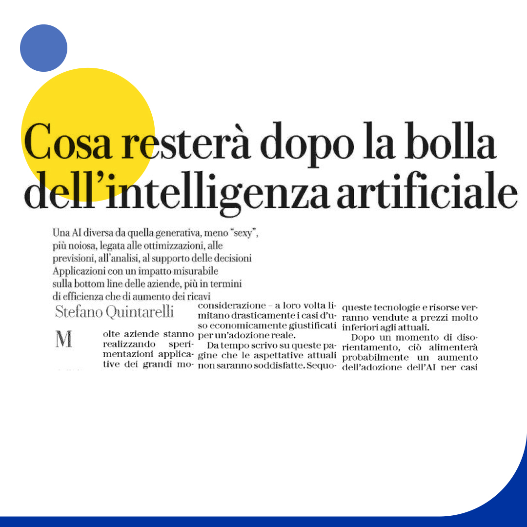 😏 Moda o vero cambiamento?
📰 "Cosa resterà dopo la bolla dell'intelligenza artificiale" <a href="/quinta/">Stefano Quintarelli</a> su <a href="/RepubblicaAF/">Repubblica Affari&Finanza</a> 

#digitaltwin #IA <a href="/perugini/">Luca Perugini</a> <a href="/paoloigna1/">paolo ignazio marong</a> <a href="/marcogy/">Marco Gay</a> <a href="/StivaleDigitale/">Stivale Digitale</a> <a href="/InnovazioneTri1/">Innovazione Tricolore</a> <a href="/MastroBlockcha1/">Mastro Blockchain</a> <a href="/Fra7russo/">Francesco Paolo Russo 🚀</a> <a href="/secolourbano/">Giacomo Biraghi</a>