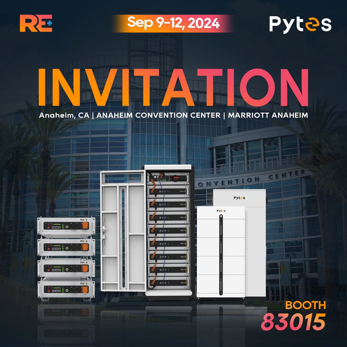 🌞🔋 Join Pytes at RE+ 2024! 🔋🌞
📅 Dates: Sep 9-12, 2024
 📍 Location: Anaheim Convention Center, Marriott Anaheim
 📍 Booth: 83015
We're excited to invite you to visit Pytes,at this year's RE+ exhibition! Also you can visite our website pytesusa.com first.