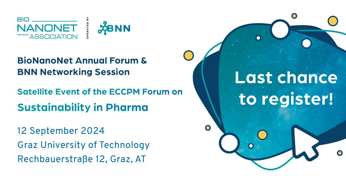 📢 Today, 9 Sept: last day to #register for our:
👉 BioNanoNet Annual Forum &amp; Joint Networking Session with <a href="/RCPE/">RCPE</a>  &amp; <a href="/HumanTechStyria/">Human.tech Styria</a>
👉 12 Sept, 16:00-22:00 CEST, <a href="/tugraz/">TU Graz</a>
👉 Presentations around the topic of #sustainability in #pharma
👉 ℹ️ bnn.at/events/bionano…