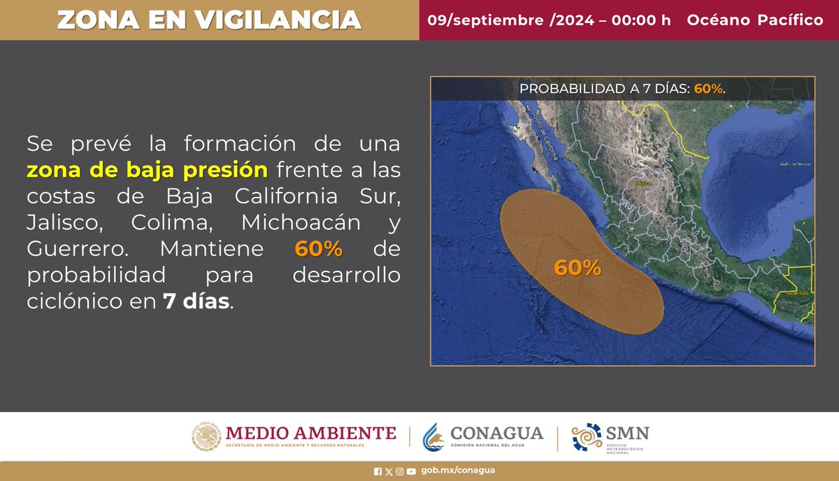 En 7 días se prevé la formación de una zona de #BajaPresión con potencial para desarrollar un #CiclónTropical en el océano #Pacífico