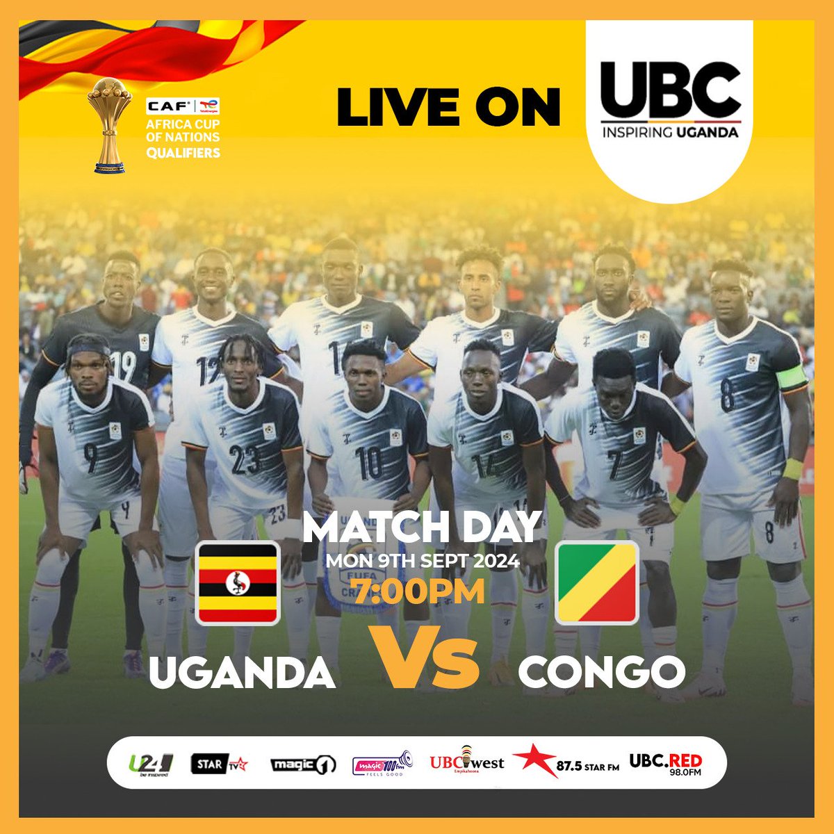 UBC RADIO UGANDA (@ubcradiouganda) on Twitter photo Monday Football Alert!
Uganda Cranes are back in action this Monday at Namboole Stadium, taking on Congo Brazzaville.
Be there to cheer them on!
Don't miss the action on <a href="/ubctvuganda/">UBC UGANDA</a> and tune in to Radio Uganda for live commentary.
<a href="/MauriceMugisha/">Maurice Mugisha</a> Monday Football Alert!
Uganda Cranes are back in action this Monday at Namboole Stadium, taking on Congo Brazzaville.
Be there to cheer them on!
Don't miss the action on <a href="/ubctvuganda/">UBC UGANDA</a> and tune in to Radio Uganda for live commentary.
<a href="/MauriceMugisha/">Maurice Mugisha</a>