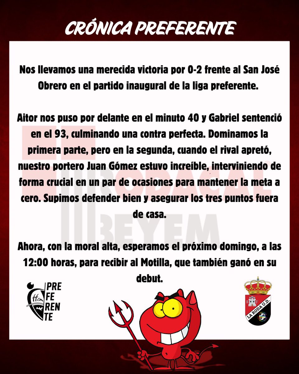 ＰＲＥＦＥＲＥＮＴＥ

🗓 𝑱𝑶𝑹𝑵𝑨𝑫𝑨 𝟏

🆚 𝗦𝗔𝗡 𝗝𝗢𝗦𝗘 𝗢𝗕𝗥𝗘𝗥𝗢

🟰 𝟬-𝟮

⚽  𝗔𝗜𝗧𝗢𝗥 (𝟰𝟬´) 𝗬 𝗚𝗔𝗕𝗥𝗜𝗘𝗟 (𝟵𝟯´)