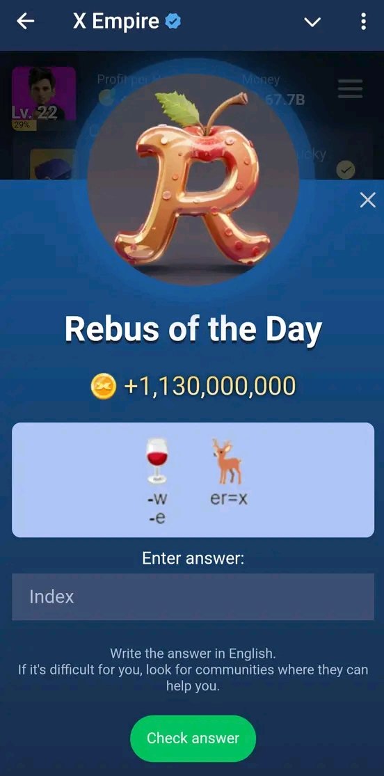 RealRanairfan's tweet photo. #MuskEmpire #XEmpire Codes
π Combo: 09.09.2024
Episode 38: 22938
Episode 39: 44139
Riddle of the day >> Gas
Rebus of the day >> Index
Join X Empire:
https://t.co/FNvZW4UChs
#Muskempire #Dailycombo #Muskcodes #Muskempirecodes #Muskdailycodes #Muskdailycombo https://t.co/LWTuZxIztR