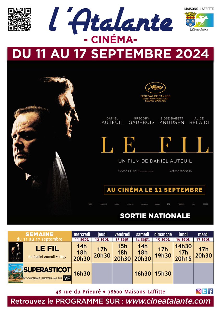 [PROGRAMME]
🖤 LE FIL de #DanielAuteuil est en sortie nationale cette semaine dans votre cinéma #MaisonsLaffitte !

#lefil