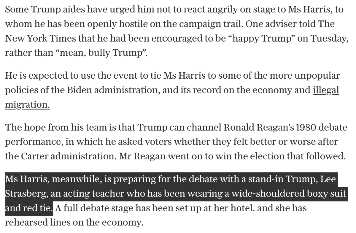 daithaigilbert's tweet photo. BOMBSHELL: The Telegraph reports that Kamala Harris is preparing for Tuesday night's debate with a stand-in Trump played by Lee Strasberg*, the famed method acting coach.

*Strasberg died 42 years ago. https://t.co/EYYUsrJqVs