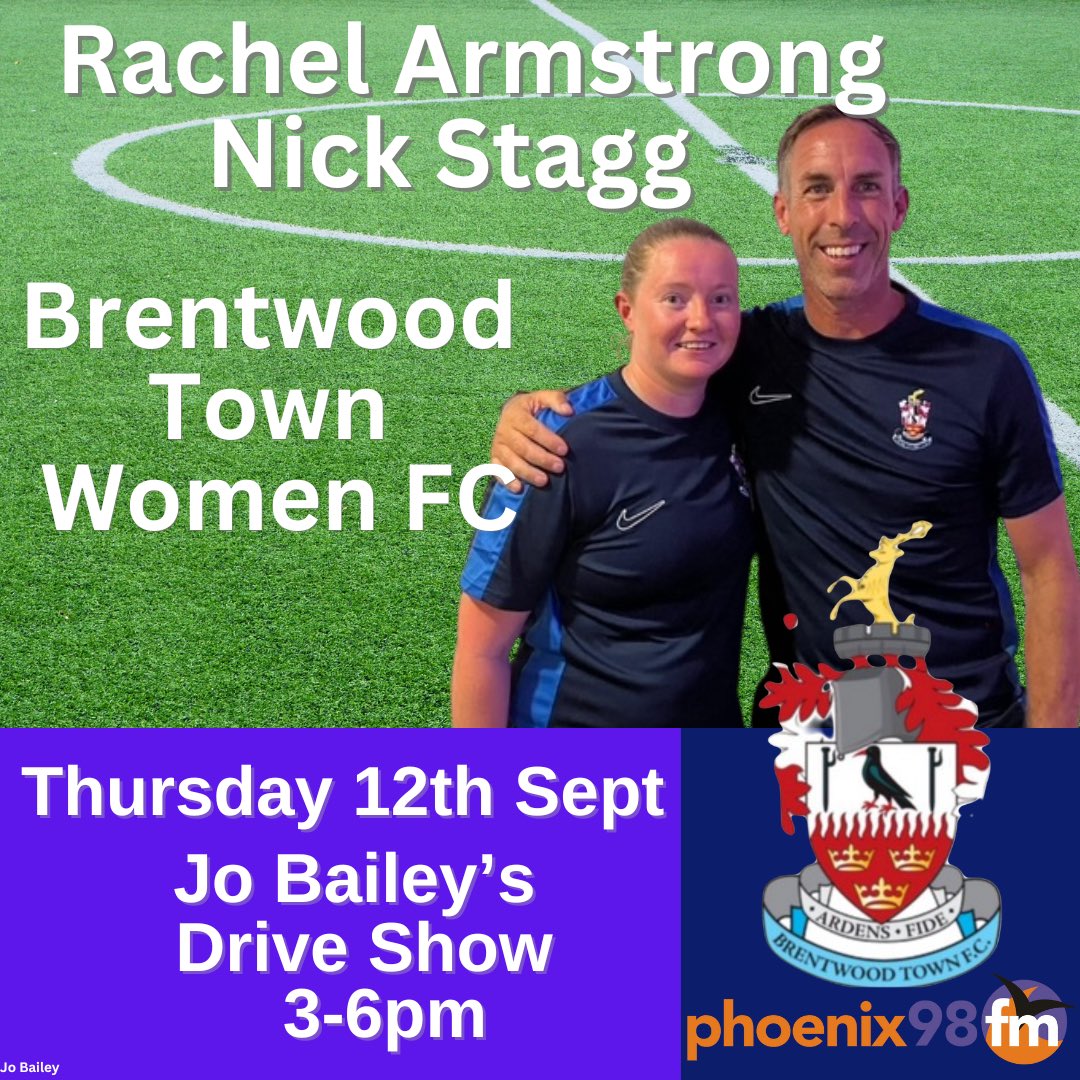 Thursday 12th’s Guests on Drive

 ⚽️ Captain <a href="/racharmstrong10/">Rachel Armstrong</a> &amp; Coach <a href="/Staggyboy1234/">Nick Stagg</a> will join me in the studio to tell us about <a href="/BrentwoodTownW/">Brentwood Town Women</a>  first league season 

🗣️shout your device ‘play Phoenix FM’
📻 98FM

#football #essex #localsport #grassrootsfootball #driveshow