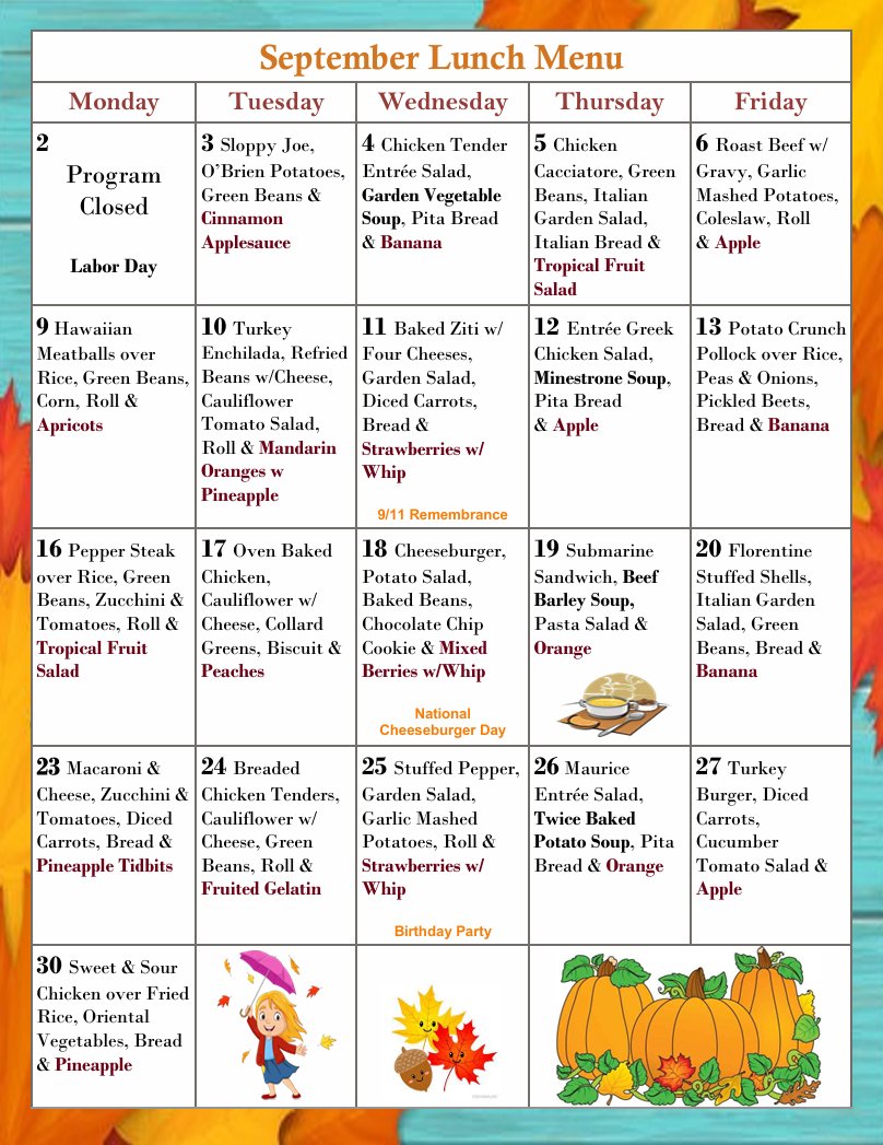 WeAreOneMacomb's tweet photo. "SEPTEMBER MENU" Dining Senior Style program provides an opportunity for a well-balanced meal while engaging in social activities with peers. This program is offered at various locations throughout Macomb CountyFor more info call 586-469-5228 or visit https://t.co/t7mlMOJiXO https://t.co/MtnnO7rRYF