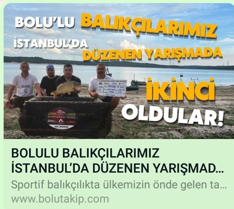 Bolu'lu balıkçılarımız İstanbul'da düzenlenen yarışmada ikinci oldular. 
<a href="/boluvaliligi/">T.C. Bolu Valiliği</a> @Erkan_Kilic14 <a href="/bolu_belediyesi/">T.C. Bolu Belediyesi</a>  <a href="/tanjuozcanchp/">Tanju ÖZCAN</a> <a href="/TCTarim/">T.C. Tarım ve Orman Bakanlığı</a> <a href="/ibrahimyumakli/">İbrahim Yumaklı</a> <a href="/bekirgizligider/">Ebubekir GİZLİGİDER</a> <a href="/bsgmtr/">Balıkçılık ve Su Ürünleri Genel Müdürlüğü</a> <a href="/turgayturkyilmz/">Turgay TÜRKYILMAZ</a> <a href="/MelihER3149941/">Melih ER</a> <a href="/MSerkaninanc1/">M.Serkan İNANÇ</a> bolutakip.com/bolulu-balikci…