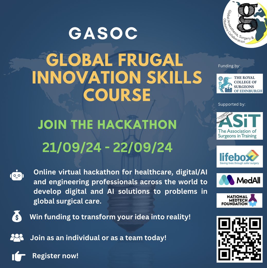 GASOC (@gasoc_2015) on Twitter photo Do you have a #frugalinnovation idea? Can your idea change the world for the better?💡🌎
Participate in the GASOC hackathon to win funding to turn your idea into reality!
Register 👉 bit.ly/frugalhack
<a href="/RCSEd/">The Royal College of Surgeons of Edinburgh</a> <a href="/willboltontiger/">Will Bolton🐯</a> <a href="/MedAllApp/">MedAll</a> <a href="/ASiTofficial/">ASiT</a> <a href="/SaferSurgery/">Lifebox</a> Do you have a #frugalinnovation idea? Can your idea change the world for the better?💡🌎
Participate in the GASOC hackathon to win funding to turn your idea into reality!
Register 👉 bit.ly/frugalhack
<a href="/RCSEd/">The Royal College of Surgeons of Edinburgh</a> <a href="/willboltontiger/">Will Bolton🐯</a> <a href="/MedAllApp/">MedAll</a> <a href="/ASiTofficial/">ASiT</a> <a href="/SaferSurgery/">Lifebox</a>