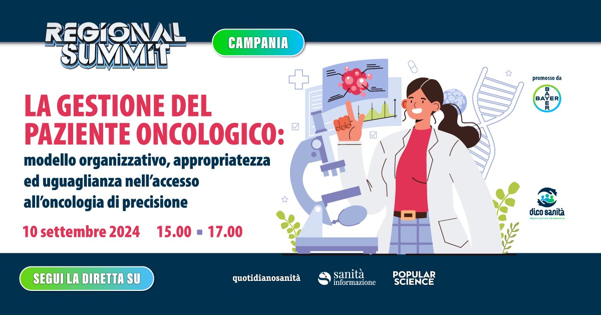 📌 #RegionalSummit - Campania
LA GESTIONE DEL PAZIENTE ONCOLOGICO. Modello organizzativo, appropriatezza ed uguaglianza nell'accesso all'oncologia di precisione

⏱️ 10 settembre dalle ore 15.00
Segui la diretta qui 👉🏻 popsci.it/regional-summi…
<a href="/BayerItalia/">Bayer Italia</a> #liveSICS #qsanit