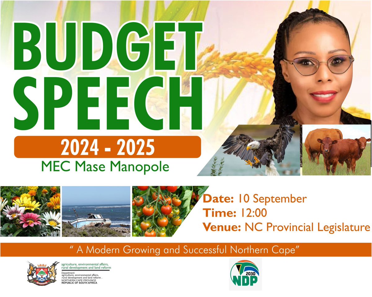 BIG NEWS🚨MEC for #DAERL
Agriculture,Environmental Affairs,Rural Development &amp; Land Reform,Mase Manopole to deliver the 2025-25 Budget Speech on 📆Tuesday,10 September 2024 at📍Northern Cape Legislature
⏰12:00
#mecmanopoleinaction 
#modergrowingsuccessfulprovince