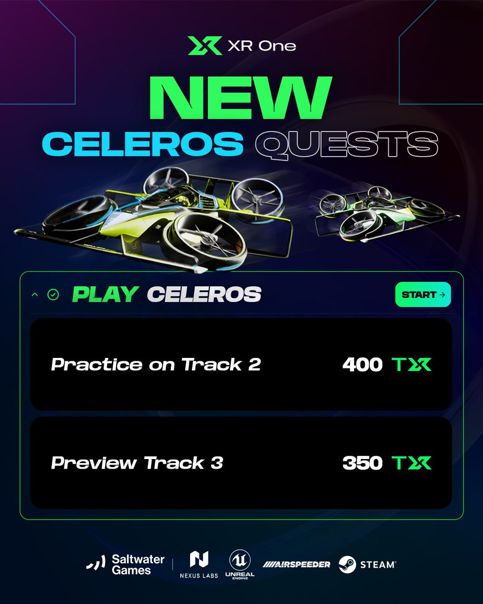 CelerosGame's tweet photo. The First Two Quests Are LIVE! 

The wait is over, pilots! 🚀 Jump in now to tackle the first two challenges of the month:

1️⃣ Practice on Track 2: Sharpen your skills and hit top speeds on the newly revamped Track 2. 

2️⃣ Preview Track 3: Explore the all-new “Refinery” track, navigating the remnants of an abandoned oil refinery. 🏭

Gear up and start earning your rewards today!  

More quests coming soon. ⏳