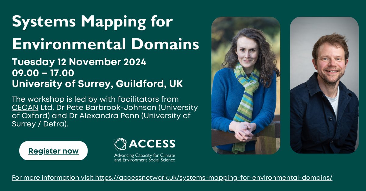 ACCESS Network (@_accessnetwork) on Twitter photo 📢 BOOK NOW
Systems Mapping for Environmental Domains
Tuesday 12 November 2024, 09.00 – 17.00, University of Surrey, Guildford, UK
This one day workshop is hosted by <a href="/_ACCESSnetwork/">ACCESS Network</a>, with facilitators from <a href="/CecanLimited/">CECAN Limited</a>. 🧵1/3 📢 BOOK NOW
Systems Mapping for Environmental Domains
Tuesday 12 November 2024, 09.00 – 17.00, University of Surrey, Guildford, UK
This one day workshop is hosted by <a href="/_ACCESSnetwork/">ACCESS Network</a>, with facilitators from <a href="/CecanLimited/">CECAN Limited</a>. 🧵1/3