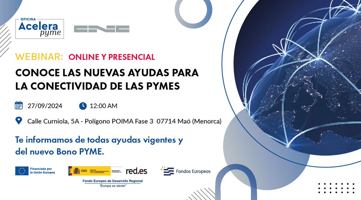 🆕 Nueva jornada online y presencial (Menorca), donde repasaremos todas las ayudas vigentes para pymes y autónomos. También el nuevo programa Bono PYME, dotado de 3.000 euros para mejorar la conectividad. 🛜

¡Regístrate ya! ¡Plazas limitadas! 🏃‍♂️
events.teams.microsoft.com/event/198999fa…