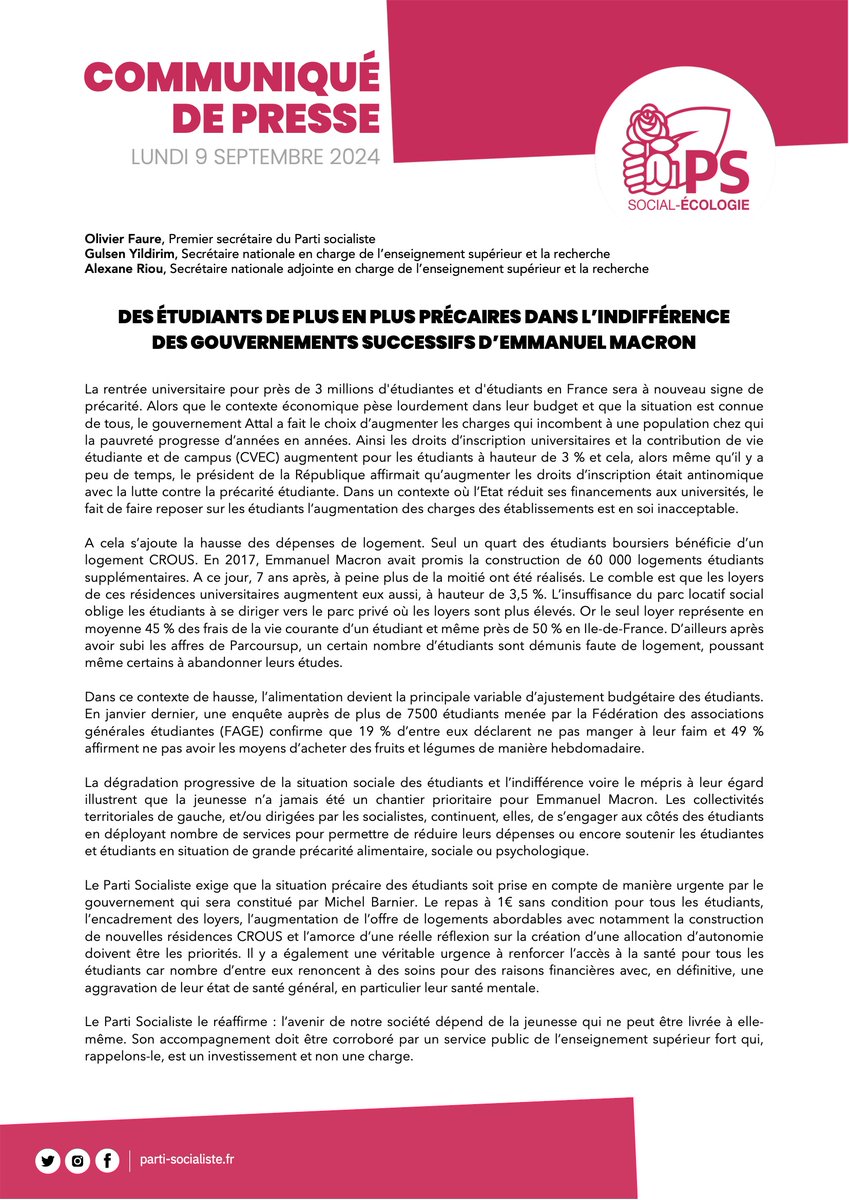 🔴 Communiqué de presse

« Le Parti socialiste exige que la situation précaire des étudiants soit prise en compte de manière urgente par le gouvernement qui sera constitué par Michel Barnier. »

– <a href="/faureolivier/">Olivier Faure</a> <a href="/GulsenYil87/">Gulsen Yildirim</a> <a href="/Alexane_Riou/">Alexane Riou</a>

➡️ parti-socialiste.fr/des_etudiants_…