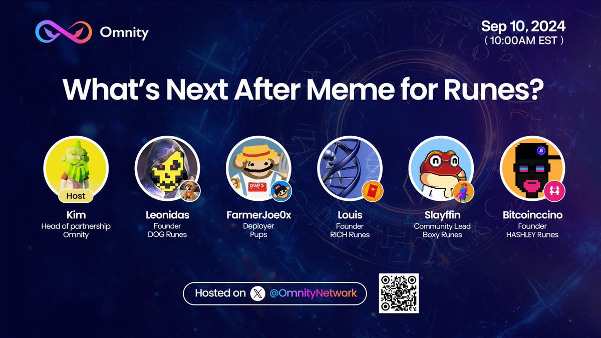OmnityNetwork's tweet photo. 🟠What's next after #MEME for #RUNES?
💡Join us on this in-depth discussion on what is the future trend!
📅Date: 10 Sep 2024
⏲️Time: 10am EST
➡️Link: https://t.co/XRAyVfeRJy
Join our space to learn more about the future trend in conjunction of our upcoming #RUNES2049 happening in Singapore.
🧡Speakers:
🟧@LeonidasNFT - Father of $DOG and @ord_io founder
🟪@FarmerJoe0x - The Deployer of @PupsToken
🟧@louisliubj - Founder of @HopeYouGet_Rich
🟪@Slayffin2 - Community Lead of @B0XYDUDE
🟧@bitcoinccino - Founder of @Hashley_io
Join our space: https://t.co/XRAyVfeRJy
Have you registered for our #RUNES2049 event?
https://t.co/bY6Pt7JaSH