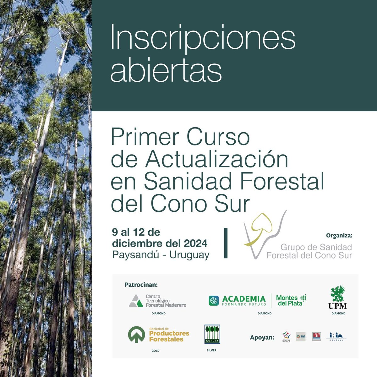 ¡La inscripción al Curso de Actualización en Sanidad Forestal ya está abierta! 🎓🌿 

Cupos limitados, no te quedes afuera. Tienes hasta el 15 de octubre para asegurar tu lugar. ⏳

Inscríbete aquí 👉 curso.sanidadforestalconosur.org/inscripcion/

Mas info: sanidadforestalconosur.org