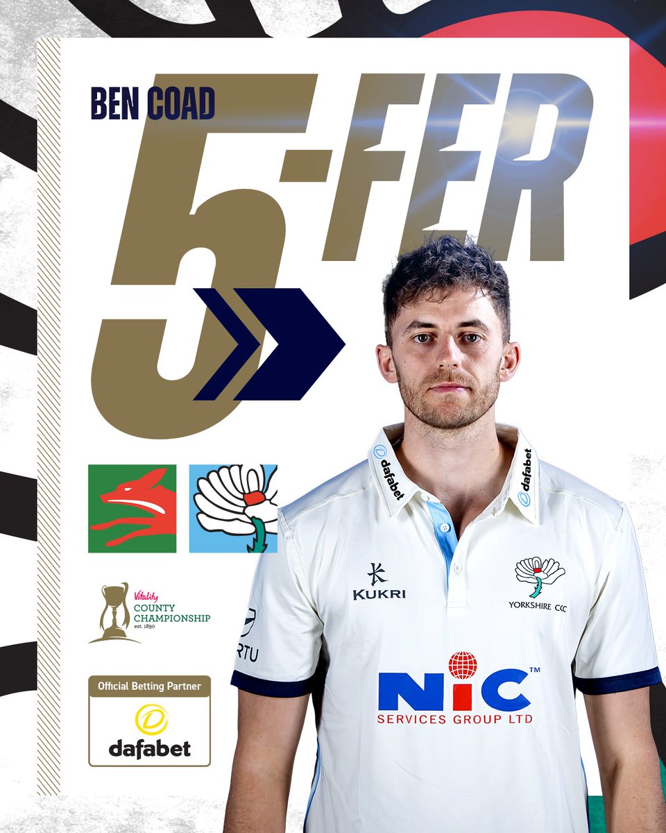 YorkshireCCC's tweet photo. An astonishing morning from Division Two's leading wicket taker. 🤯

5⃣ wickets for Ben Coad in 7⃣0⃣ minutes of play. https://t.co/8DWr5DRKVd