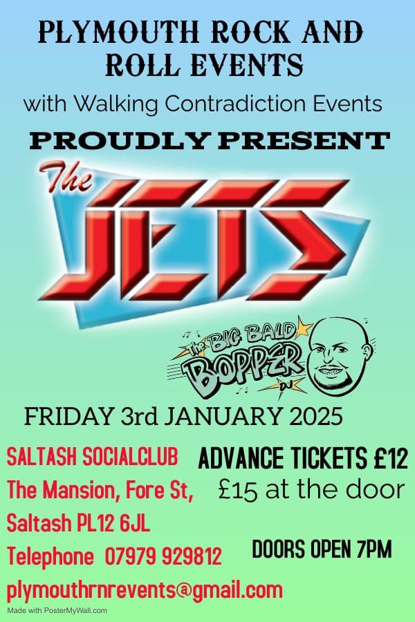 walkingcontsw's tweet photo. 🎸Live Music Alert: The Jets Are Here!🎸

Plymouth Rock and Roll Events and Walking Contradiction Events proudly present The Jets with special guest DJ Big Bald Bopper!

📅 Date: Friday, 3rd January 2025  
📍 Venue: Saltash Social Club, The Mansion, Fore St, Saltash PL12 6JL https://t.co/LRjrdBYm9N