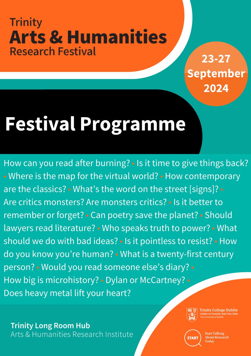 ✨The full programme for the Trinity Arts &amp; Humanities Research Festival 2024 is now LIVE on our website!✨

🤔Check out the amazing range of events and start marking your calendars.📅

🔎View the full programme here: bit.ly/TCDAHFest

#TCDAHFest #HubMatters