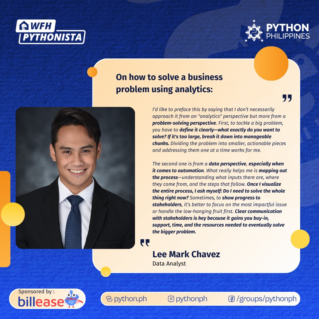 pythonph's tweet image. Pythonistas, here&apos;s a glimpse of wisdom from Lee Mark Chavez at our recent Work From Home Talk! 🧠✨

Missed the event? Catch up on all the insights here: 
bit.ly/WFH-Pythonista…

#pythonph #WFHPythonista #DataDrivenPythonistas #WFHHighlights