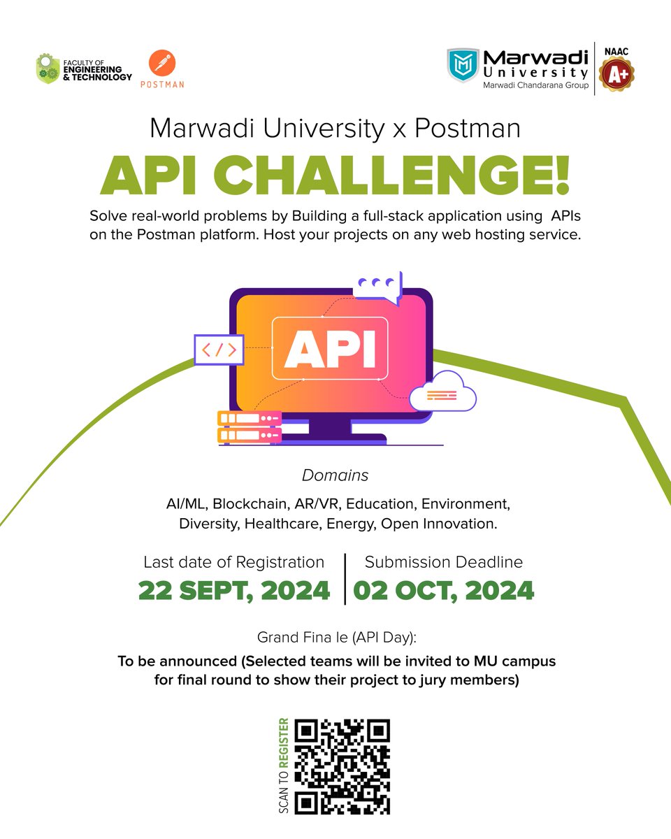 Marwadi_Uni's tweet image. Attention developers and tech enthusiasts!
Ready to turn your ideas into reality?
Don't miss out
register by Sept 22, 2024.
The grand finale will be on Oct 2 with selected teams presenting their projects on campus.
#MarwadiUniversity #PostmanAPIChallenge #CodingCompetition