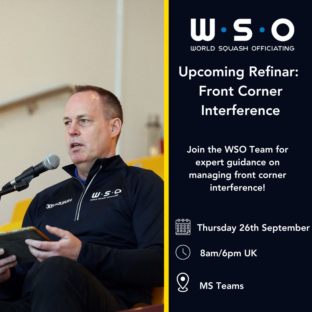 🚨NEW REFINAR 🚨

Join the WSO Team we delve into the topic of Front Corner Interference!

WSO Level 1-5 Referees can attend free of charge by signing up here: bit.ly/4glvjRp