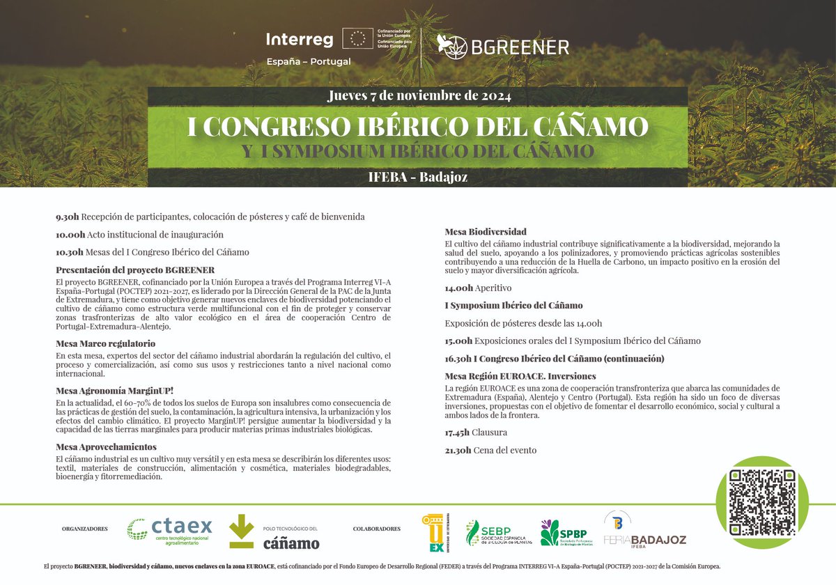 CTAEX_CIT's tweet photo. 🌱 ��No te pierdas el I Congreso y Symposium Ibérico del Cáñamo! 🌱
           📅 7 de noviembre 2024
           📍 IFEBA, Badajoz
Hablaremos sobre regulación, agronomía, biodiversidad y más, junto con investigaciones científicas clave.
🔗 Inscríbete aqu��: https://t.co/PCgJt2Rwc9 https://t.co/4hGBGn9zUn
