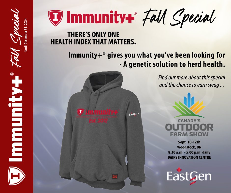 Visit EastGen @ Canada's Outdoor Farm Show

🔎 Find out why Immunity+® gives you what you've been looking for - A genetic solution to herd health.

🗣️ Ask your EastGen rep. about our Fall Special and the chance to earn a special edition Tough Duck hoodie.