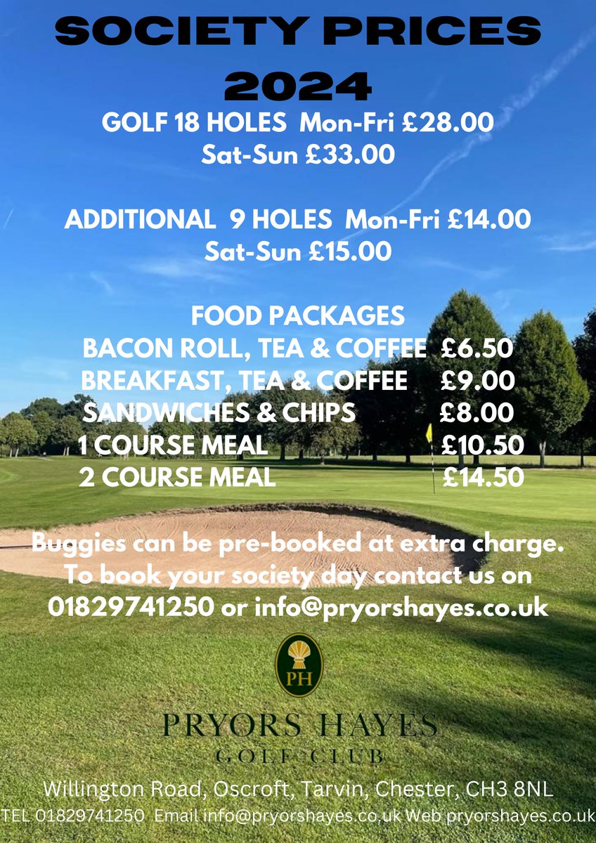 Plan your unforgettable Society Golf Day at Pryors Hayes!

Our winning formula combines a fantastic golf course with exceptional hospitality, attracting over 200 societies annually.

Our packages accommodate groups of 8 to 200 players, and you can book any day of the week.