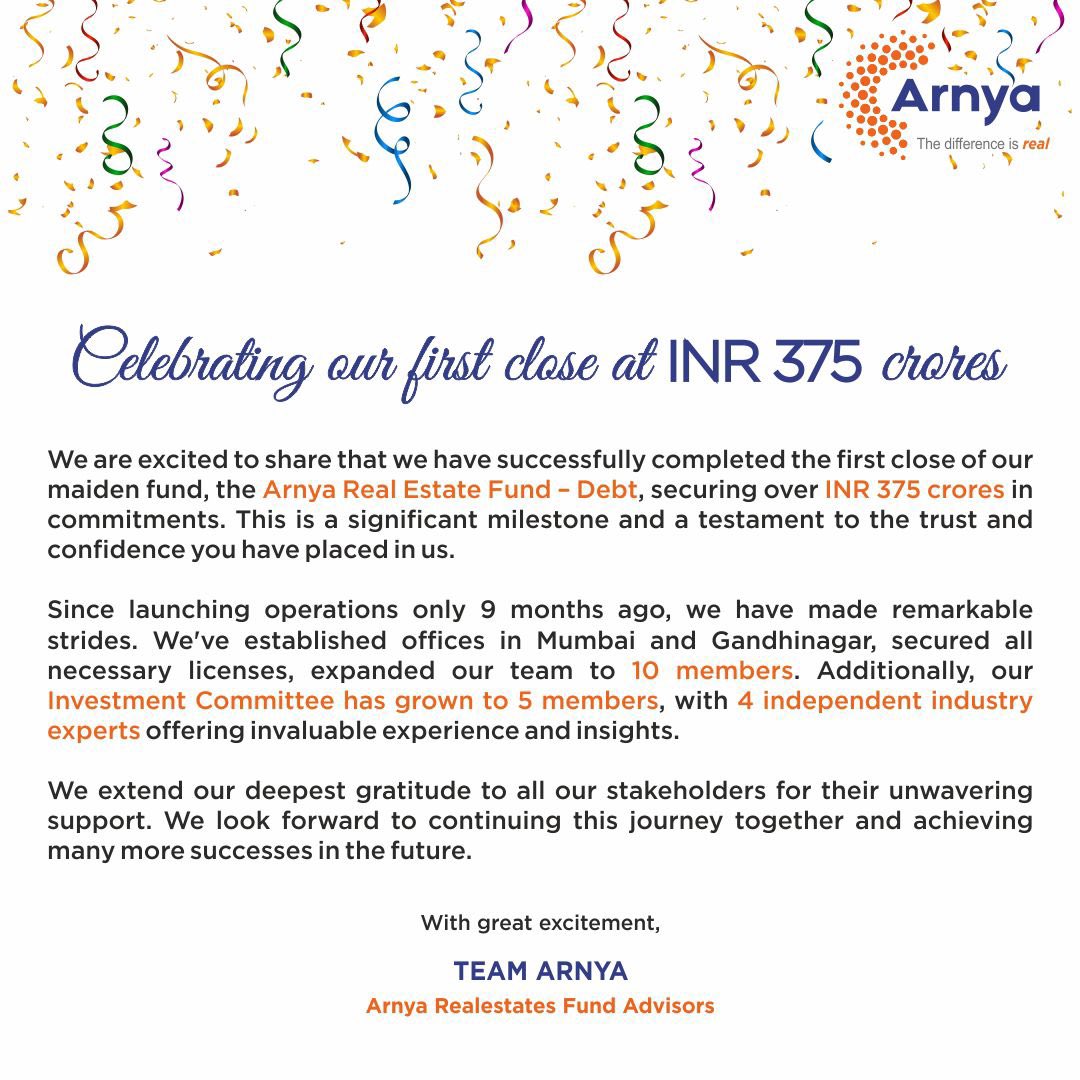Arnyafund's tweet photo. Excited to share that we have completed the first close of Arnya RE Fund – Debt with 375 cr commitment
We appreciate the trust & confidence our investors have placed in us.
https://t.co/cuh4gCeMkO
#realestateinvesting #arnyafund #RealEstatePrivateEquity #ProudFeeling https://t.co/W8LFl09RA1