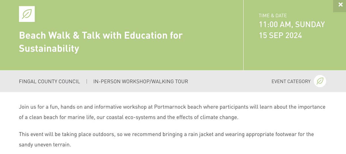 Education for Sustainability (@educ4sustain) on Twitter photo We're delighted to be contributing our own part to Dublin Climate Action Week also. On Sun 15, in partnership w/ <a href="/Fingalcoco/">Fingal County Council</a> we're doing a Beach Walk & Talk in Portmarnock.
Event is booked out but ✍️ to info@educationforsustainability.ie if you'd like to go on the waiting list. We're delighted to be contributing our own part to Dublin Climate Action Week also. On Sun 15, in partnership w/ <a href="/Fingalcoco/">Fingal County Council</a> we're doing a Beach Walk & Talk in Portmarnock.
Event is booked out but ✍️ to info@educationforsustainability.ie if you'd like to go on the waiting list.