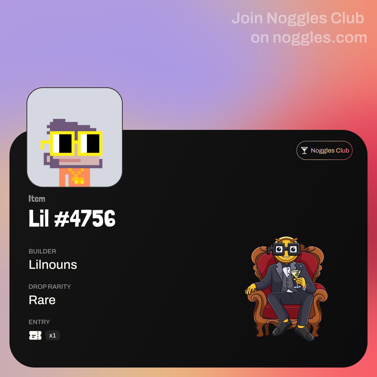 I've just joined this nounish drop:

Lil #4756 by <a href="/lilnounsdao/">Lil Nouns ⌐◨-◨</a>

Wish me luck and keep your $NOGS on ⌐◨-◨

<a href="/nogglescoin/">$NOGS</a>