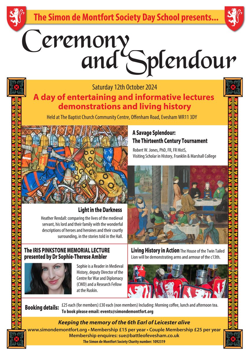 Thanks <a href="/MortimerSociety/">The real Mortimer History Society</a> <a href="/battleftrust/">Battlefields Trust</a> <a href="/BoEvesham/">Battle of Evesham Festival & Battle Re-enactment</a> &amp; Simon de Montfort Soc for Saturday's study day in Evesham. Loved hearing <a href="/IanRossAuthor/">Ian Ross</a> on writing the battles of Lewes &amp; Evesham in fiction &amp; David Cox on the Montfort cult. More to come 12 October from @RobJonesHistory &amp; me!