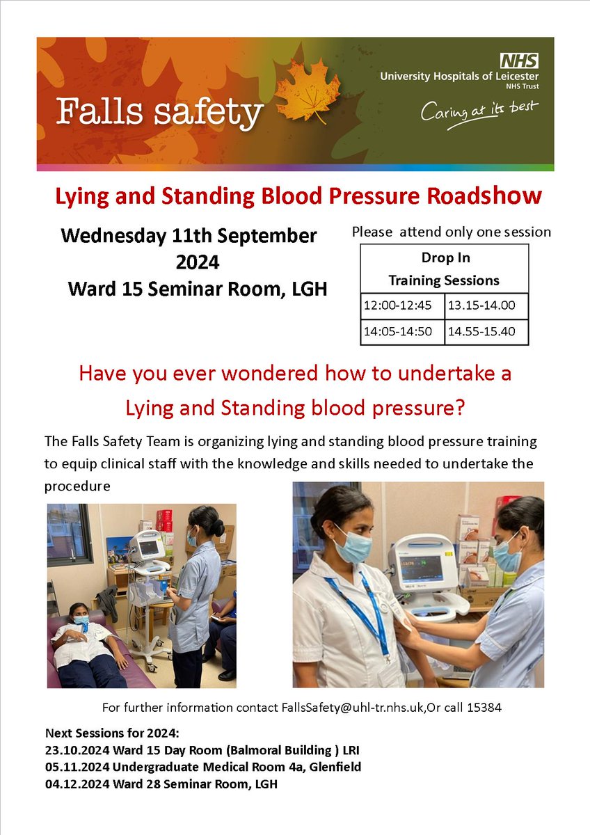 UHL Falls Safety (@fallsuhl) on Twitter photo Falls Awareness month- Reminder the Lying and standing BP training is happening this week at the LGH.
Please share with your team and come along to find out more. <a href="/Leic_hospital/">Leicester's Hospitals</a> Falls Awareness month- Reminder the Lying and standing BP training is happening this week at the LGH.
Please share with your team and come along to find out more. <a href="/Leic_hospital/">Leicester's Hospitals</a>