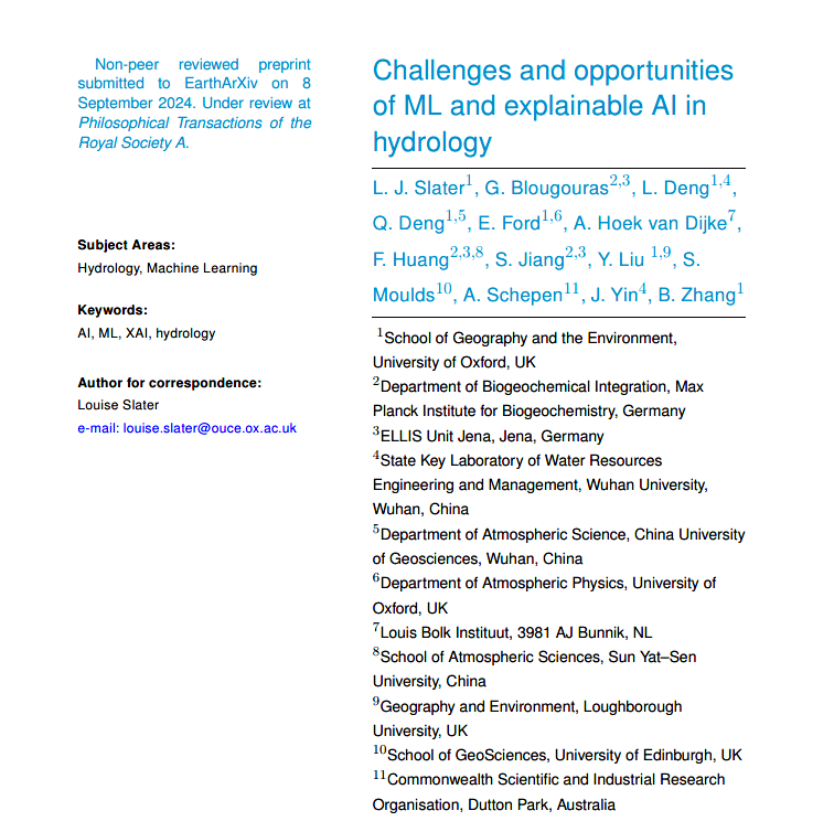 We are excited to share our review of “Challenges and opportunities of ML and explainable AI in hydrology” on Earth ArXiv: doi.org/10.31223/X5069W
(currently under review at Philosophical Transactions of the Royal Society A)