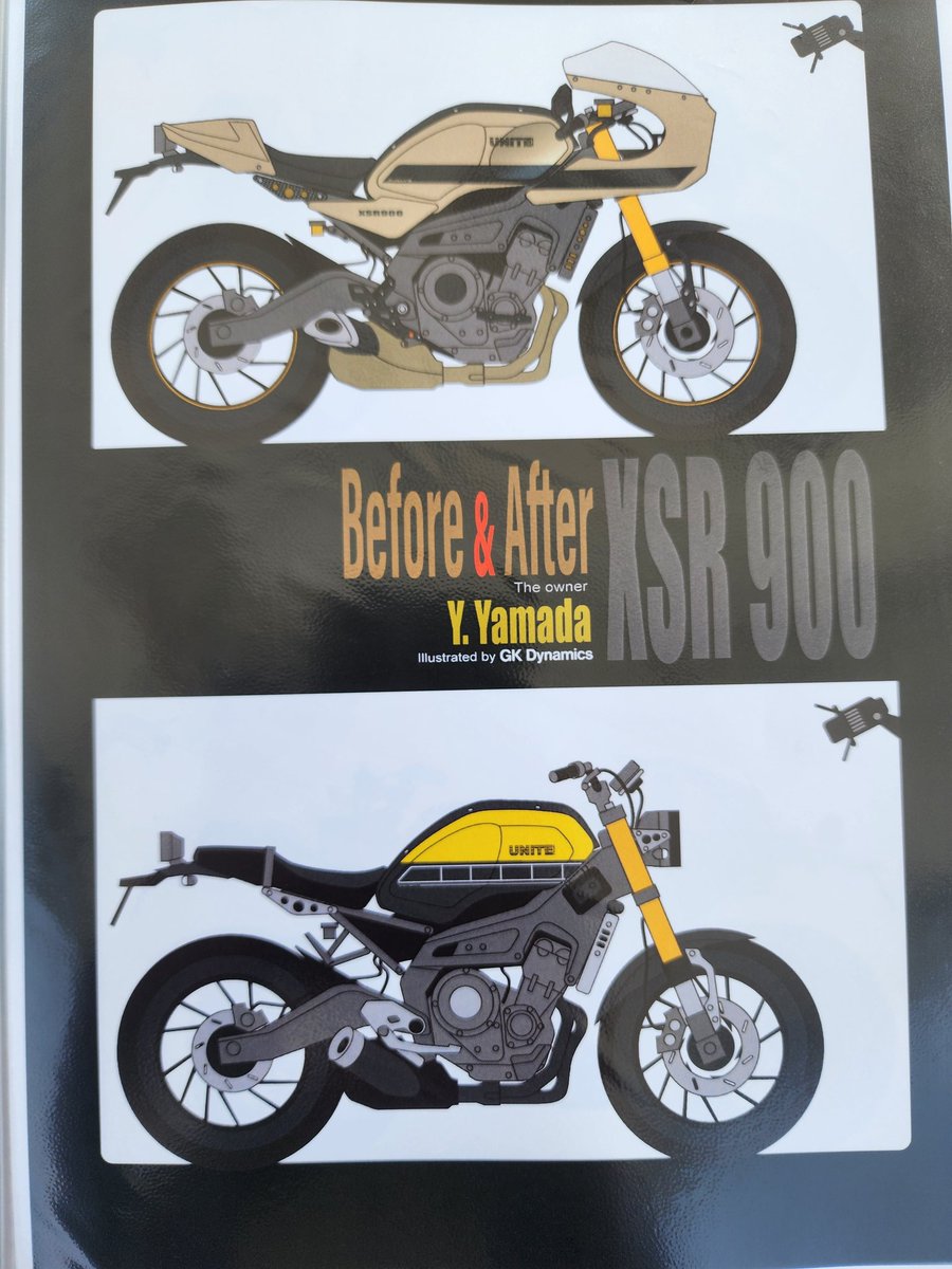 Xsr900T's tweet photo. 宮ヶ瀬ヴィレッジにて開催されたXSRのミーティング。
ヤマハのバイクデザインをしている GK Dynamics のデザイナー清水さんが書き起こしてくれたマイバイクのイラストとネームカード、皆のバイクイラストが掲載された冊子、ステッカーをいただきました。
#XSR 
#GK Dynamics
#KADOYA
#UNITE https://t.co/xbcUa83qVC