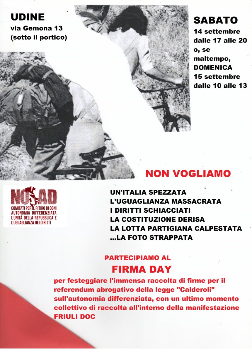 furio_honsell's tweet photo. Partecipa al #FirmaDay per dire NO all'Autonomia Differenziata! ✍️📅 Sabato 14/09 a Udine, Via Gemona 13, dalle 17 alle 20 (in caso di maltempo, domenica 15/09 dalle 10 alle 13).
Difendiamo insieme l'uguaglianza dei diritti!
#NoAD #FriuliDoc #OpenSinistraFVG #FurioHonsell https://t.co/IblTufdfEL